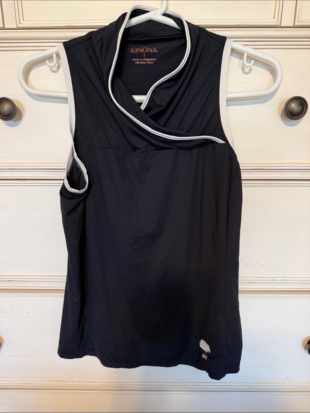 Kinona Black Tank Top with White Trim and Crossover Neck